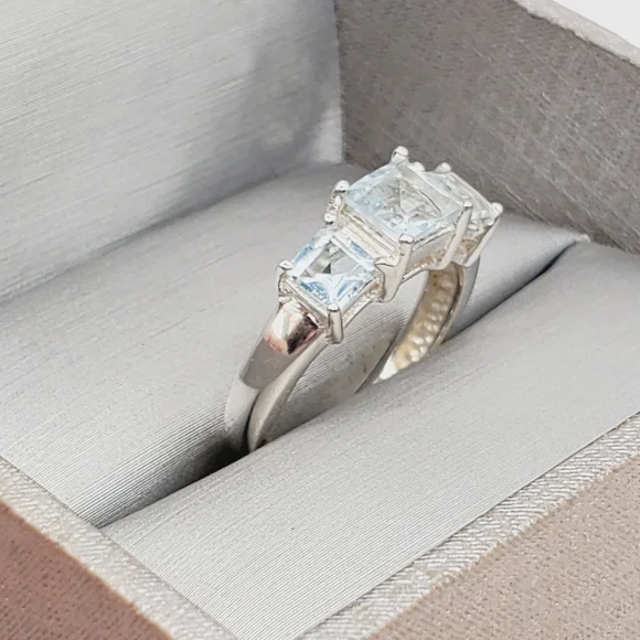 Genuine Sky Blue Topaz 925 Sterling Silver Past Present Future Ring